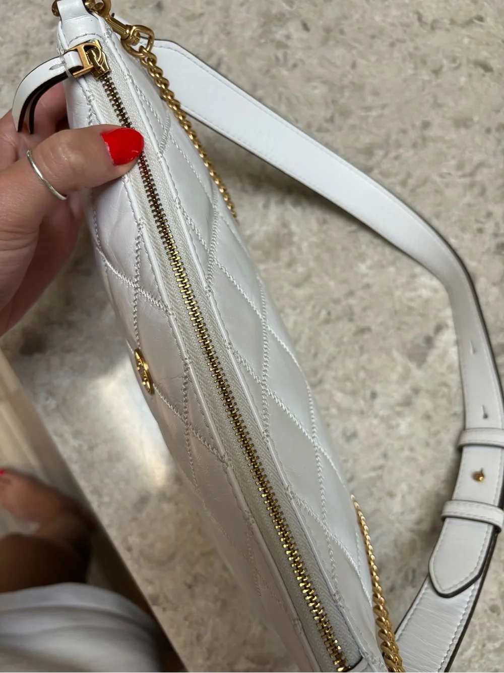 Tory Burch Quilted White Leather Crossbody with Gold Chain Willa